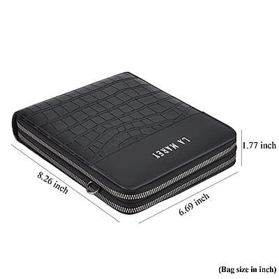 La Marey Black Faux Leather Linear Texture Phonebag with Shoulder Strap