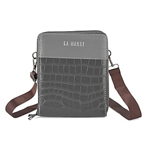 La Marey Dark Gray Faux Leather Linear Texture Phonebag with Shoulder Strap
