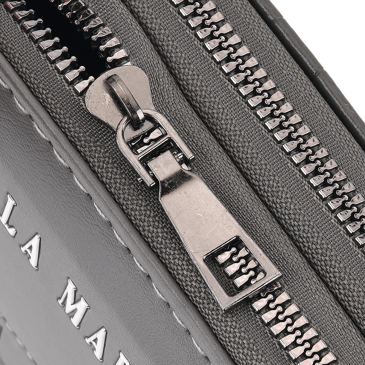 La Marey Dark Gray Faux Leather Linear Texture Phonebag with Shoulder Strap image number 3