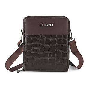 La Marey Dark Brown Faux Leather Linear Texture Phonebag with Shoulder Strap