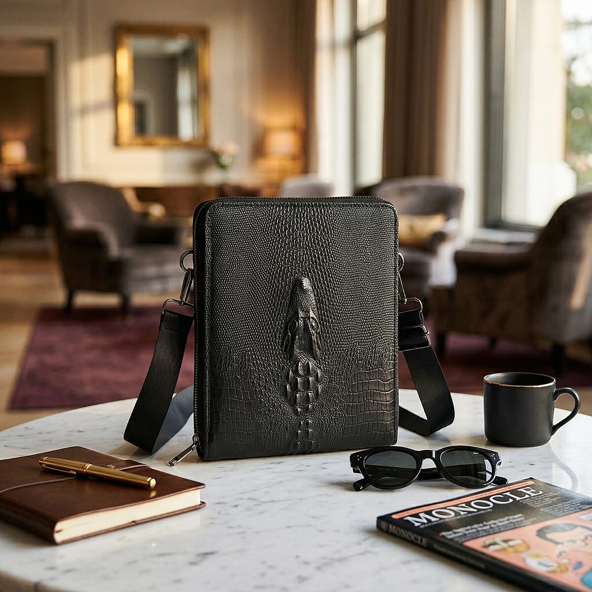 La Marey Black Crocodile Faux Leather Crossbody Bag image number 1