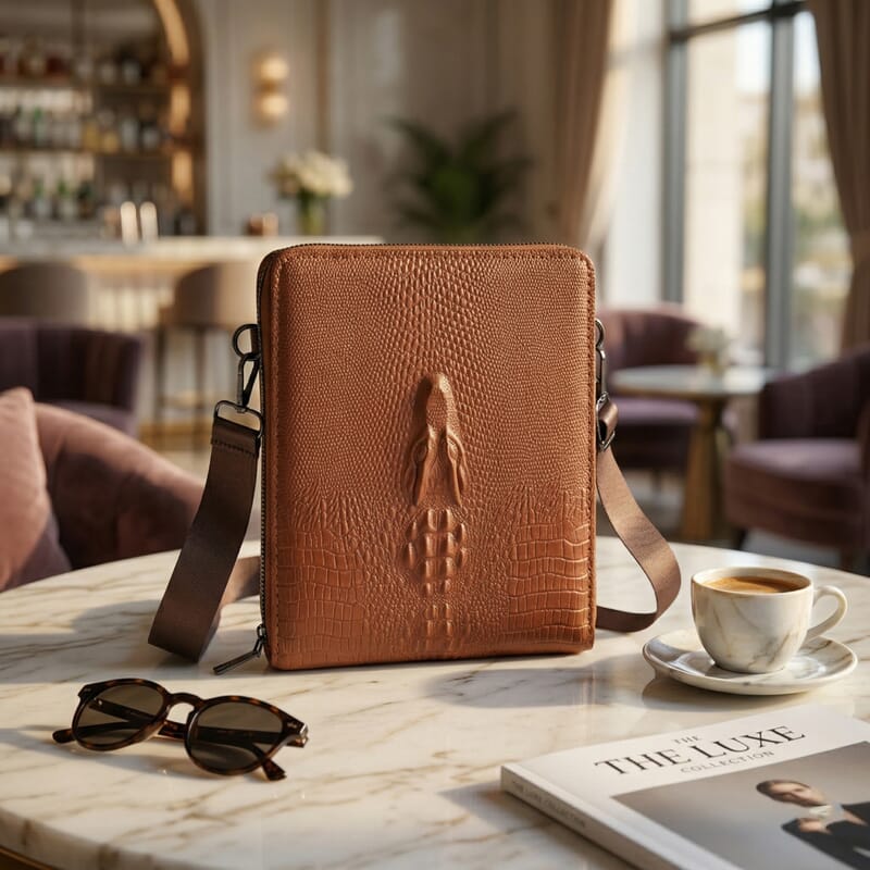 La Marey Cognac Crocodile Faux Leather Crossbody Bag