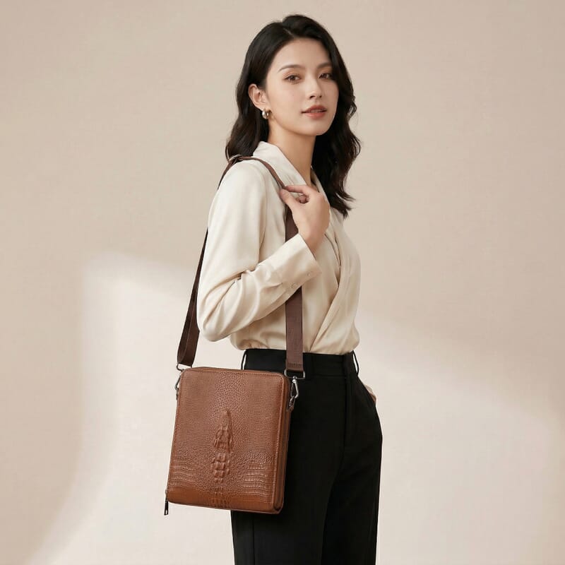 La Marey Cognac Crocodile Faux Leather Crossbody Bag