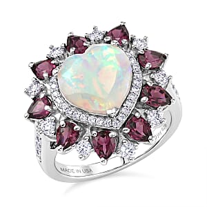 D'Joy Premium Ethiopian Welo Opal and Multi Gemstone 4.90 ctw Radiant Heart Ring in Rhodium Over Sterling Silver (Size 10.0)