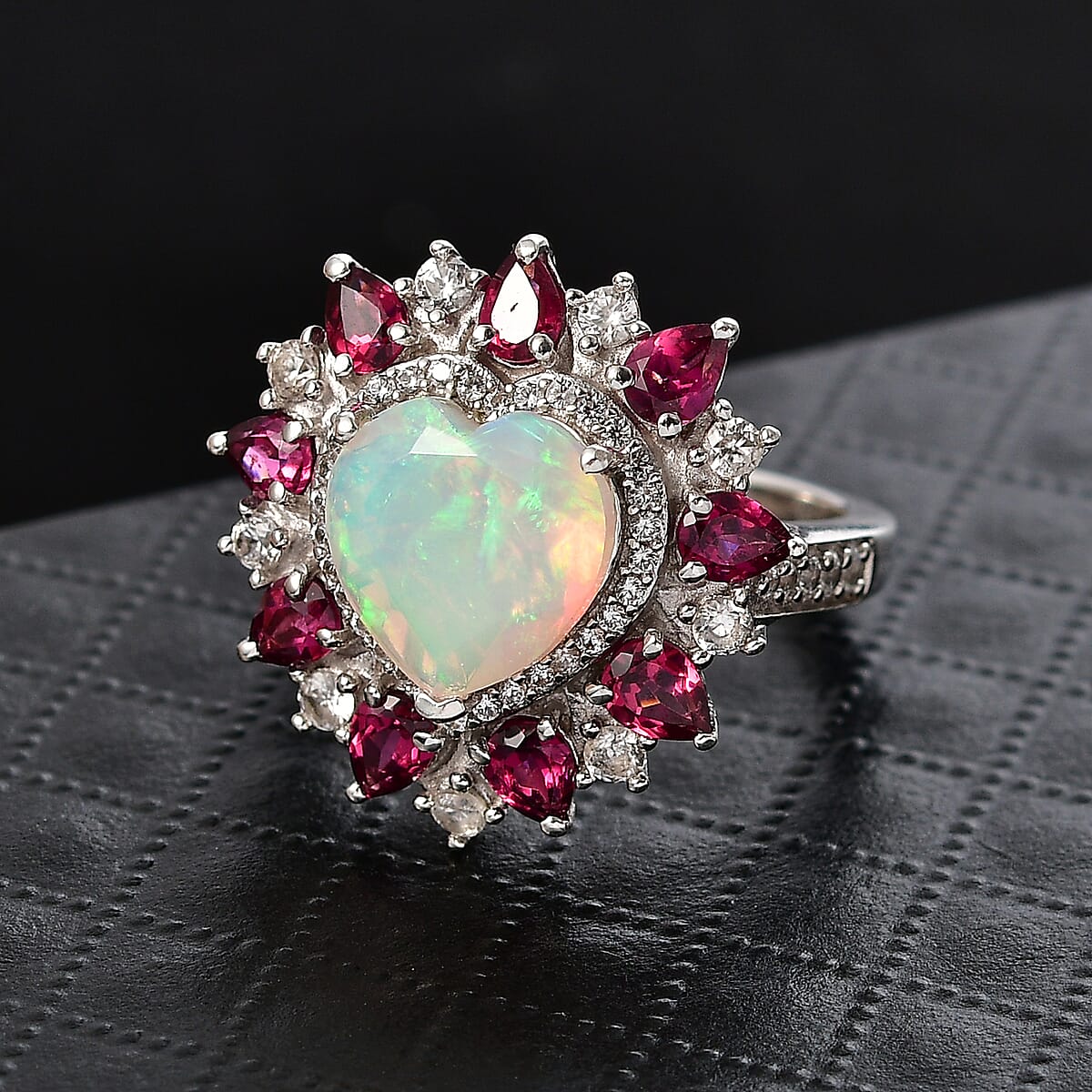 D'Joy Premium Ethiopian Welo Opal and Multi Gemstone 4.90 ctw Radiant Heart Ring in Rhodium Over Sterling Silver (Size 10.0) image number 1