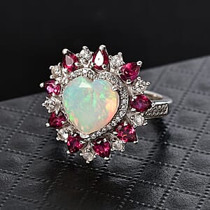 D'Joy Premium Ethiopian Welo Opal and Multi Gemstone 4.90 ctw Radiant Heart Ring in Rhodium Over Sterling Silver (Size 10.0)