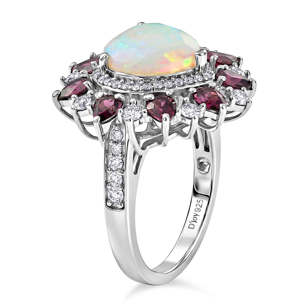 D'Joy Premium Ethiopian Welo Opal and Multi Gemstone 4.90 ctw Radiant Heart Ring in Rhodium Over Sterling Silver (Size 10.0) image number 3
