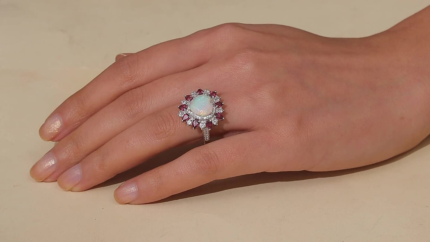 D'Joy Premium Ethiopian Welo Opal, Multi Gemstone Heart Ring in Rhodium Over Sterling Silver (Size 7.0) 4.90 ctw