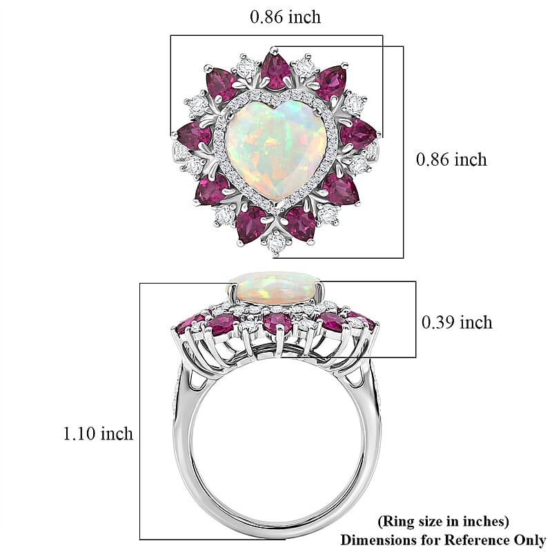 D'Joy Premium Ethiopian Welo Opal and Multi Gemstone 4.90 ctw Radiant Heart Ring in Rhodium Over Sterling Silver (Size 5.0)