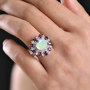 D'Joy Premium Ethiopian Welo Opal and Multi Gemstone 4.90 ctw Radiant Heart Ring in Rhodium Over Sterling Silver (Size 7.0)