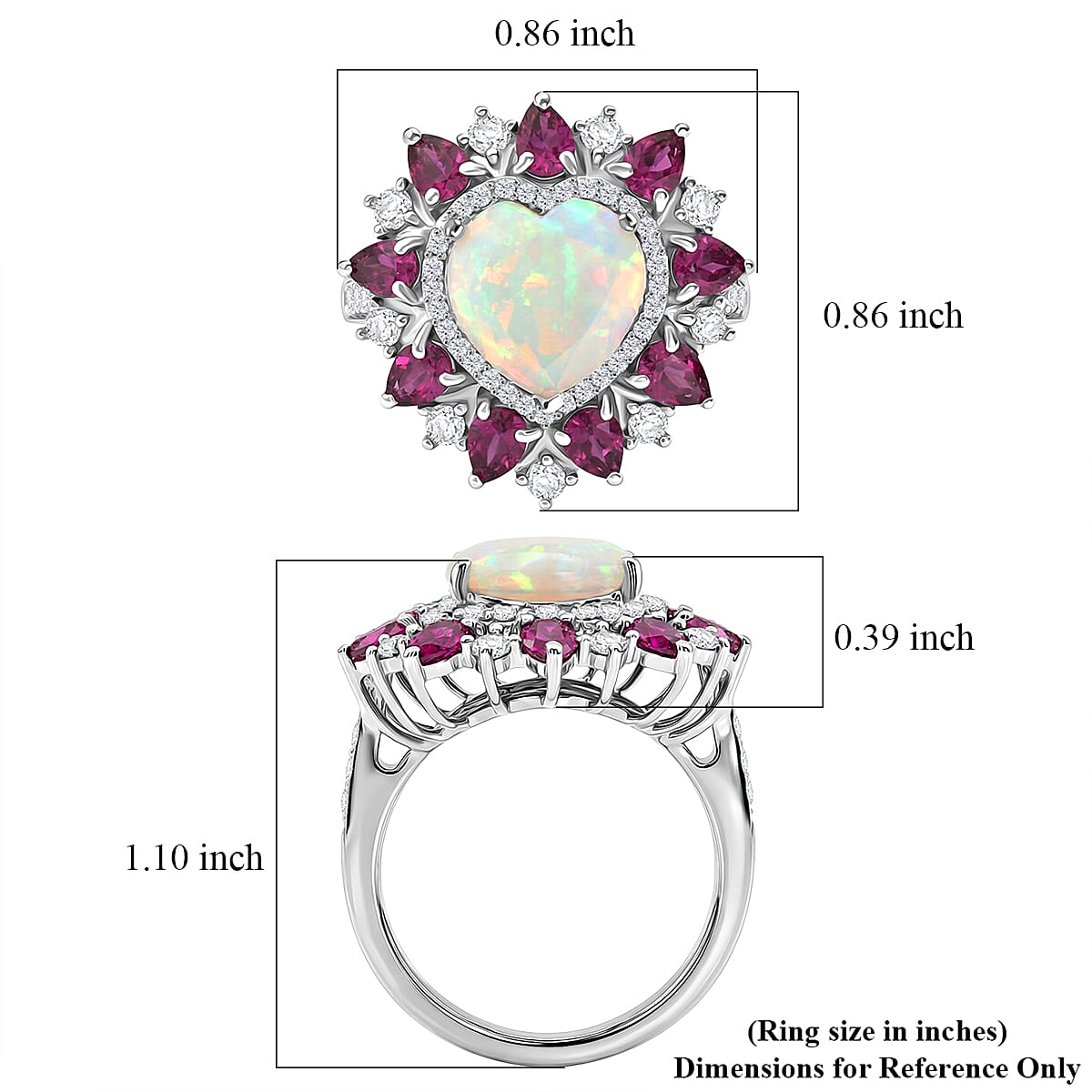 D'Joy Premium Ethiopian Welo Opal and Multi Gemstone 4.90 ctw Radiant Heart Ring in Rhodium Over Sterling Silver (Size 7.0) image number 5