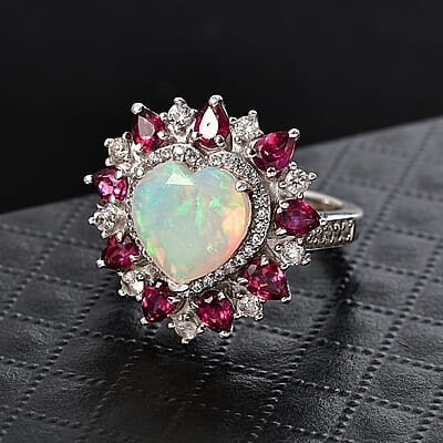 D'Joy Premium Ethiopian Welo Opal and Multi Gemstone 4.90 ctw Radiant Heart Ring in Rhodium Over Sterling Silver (Size 8.0)