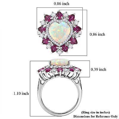 D'Joy Premium Ethiopian Welo Opal and Multi Gemstone 4.90 ctw Radiant Heart Ring in Rhodium Over Sterling Silver (Size 8.0)