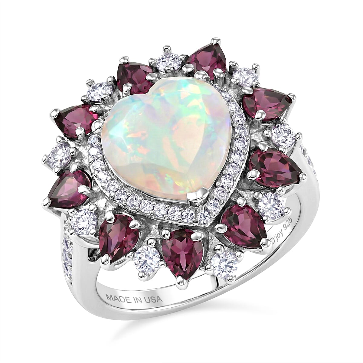 D'Joy Premium Ethiopian Welo Opal, Multi Gemstone Heart Ring in Rhodium Over Sterling Silver (Size 7.0) 4.90 ctw