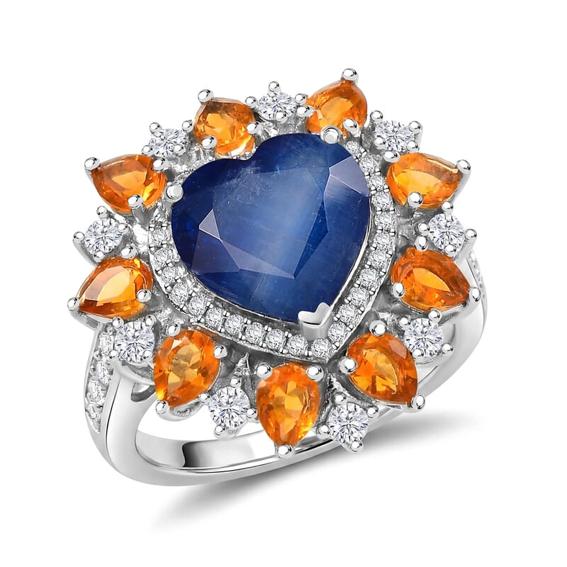 D'Joy Kashmir Kyanite and Multi Gemstone 6.00 ctw Radiant Heart Ring in Rhodium Over Sterling Silver (Size 10.0)