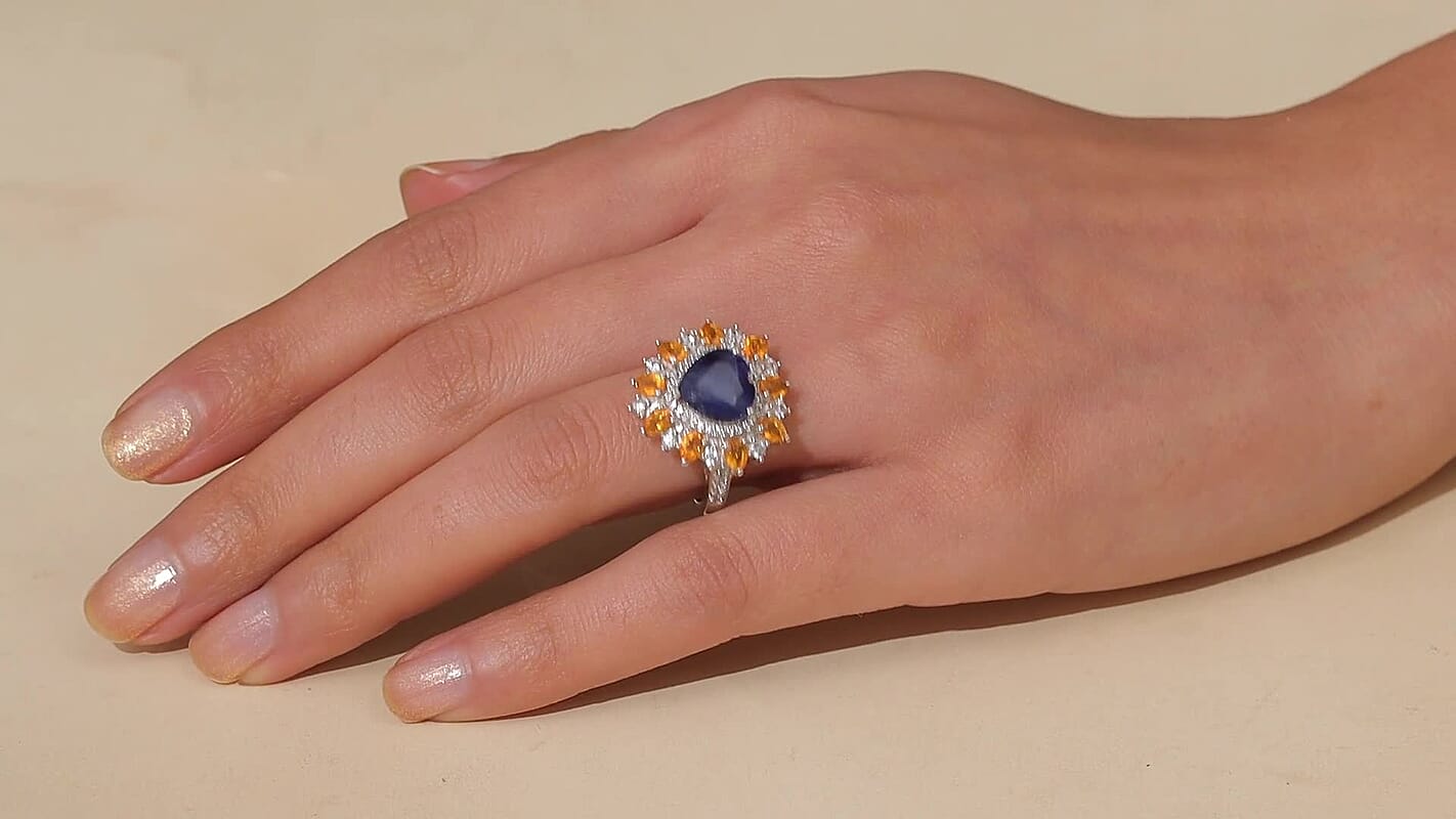 D'Joy Premium Ethiopian Welo Opal, Multi Gemstone Heart Ring in Rhodium Over Sterling Silver (Size 7.0) 4.90 ctw