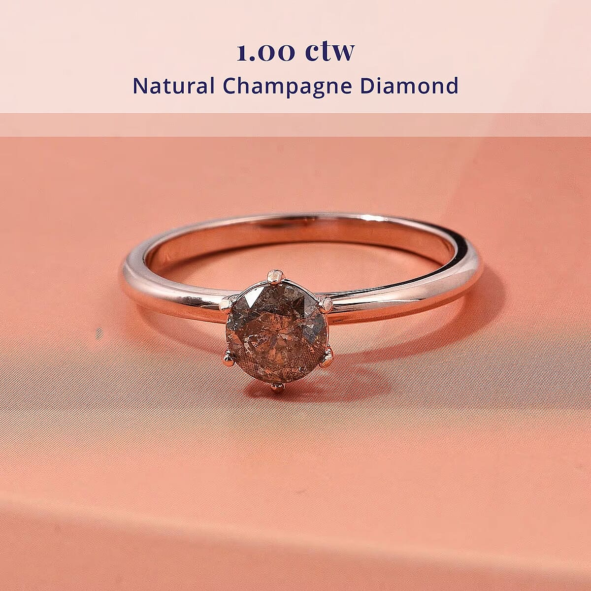 D'Joy Natural Champagne Diamond i2-i3 1.00 ctw Solitaire Ring in 18K Vermeil Rose Gold Over Sterling Silver (Size 7.0) image number 2
