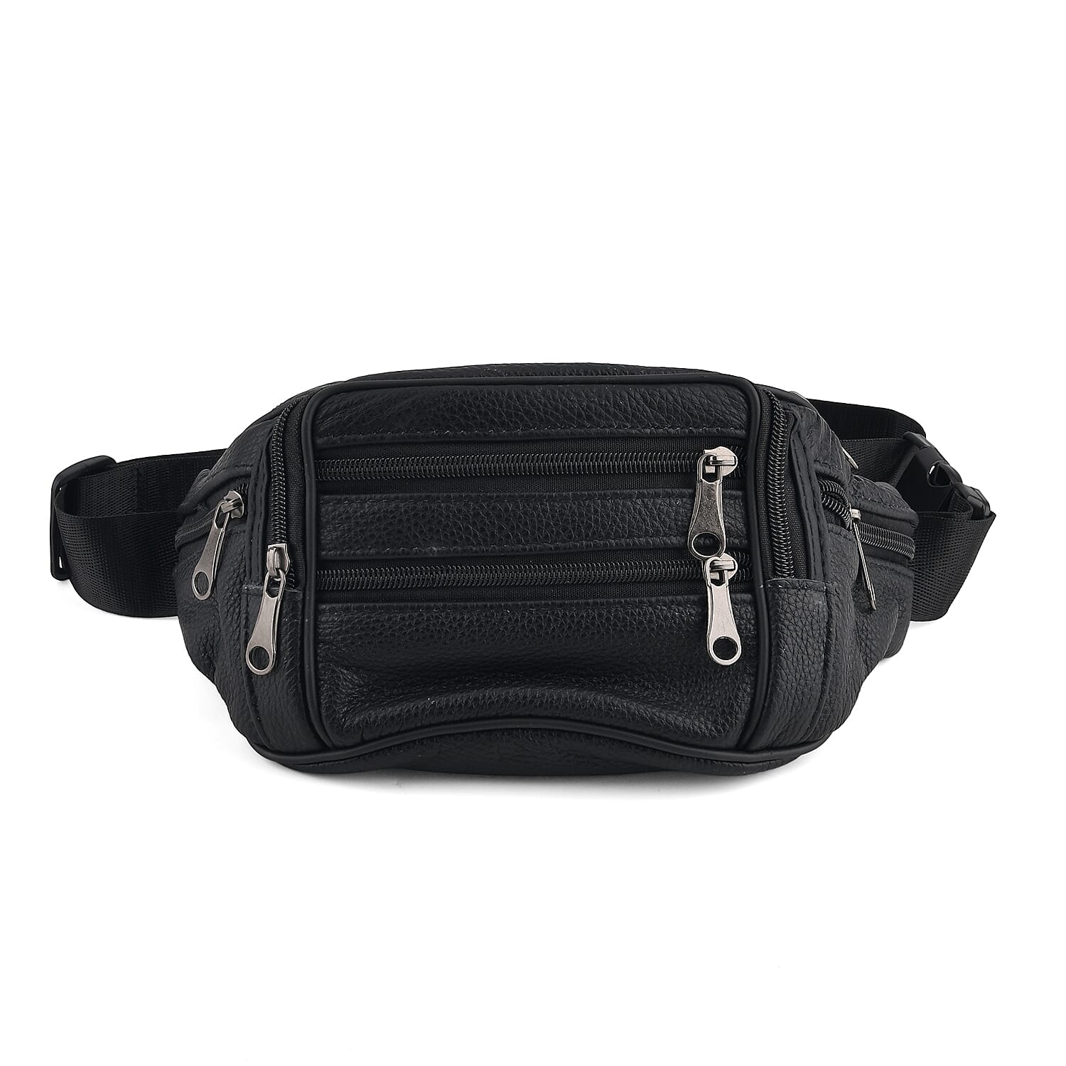 La Marey Black Lychee Pattern Genuine Cowhide Leather Fanny Pack