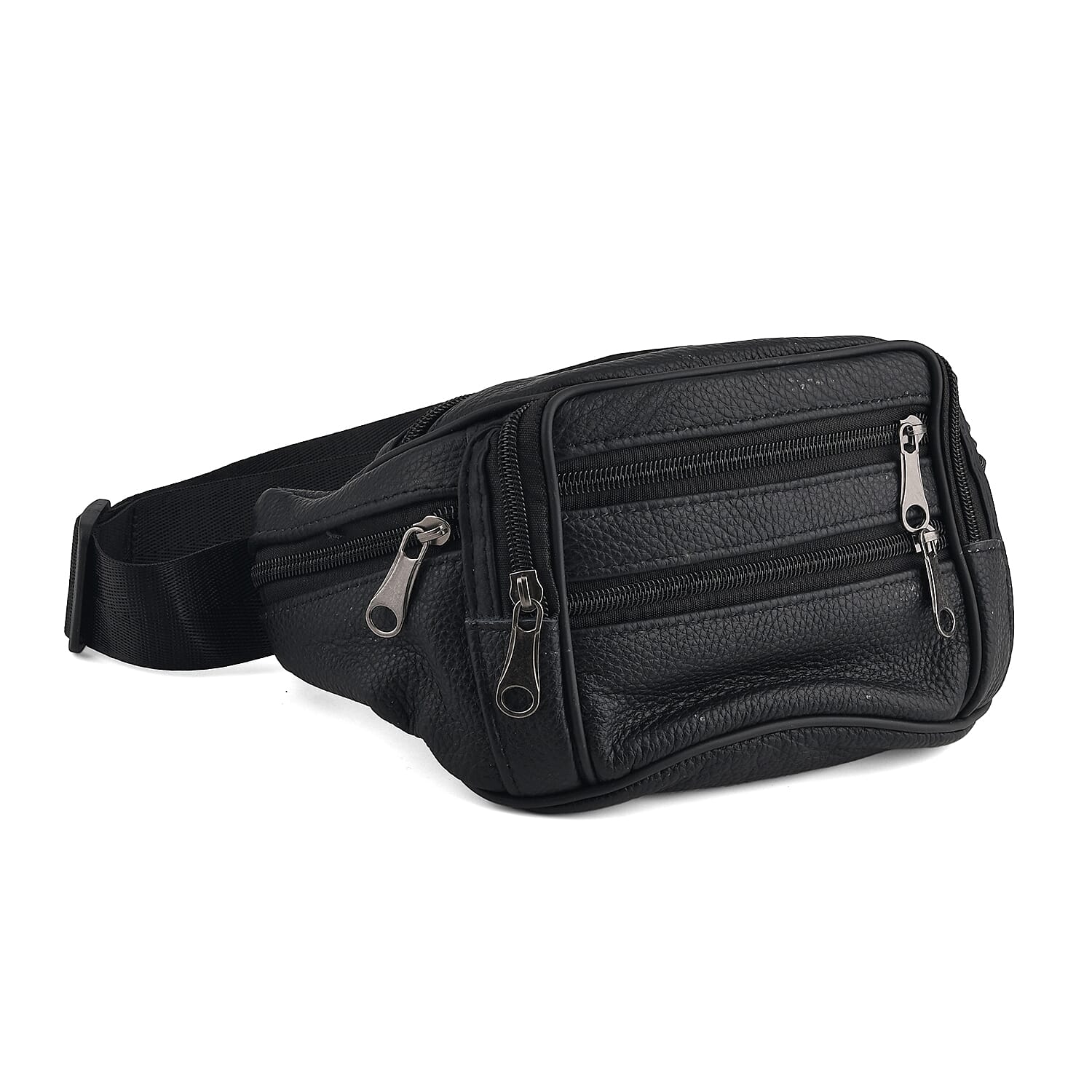 La Marey Black Lychee Pattern Genuine Cowhide Leather Fanny Pack