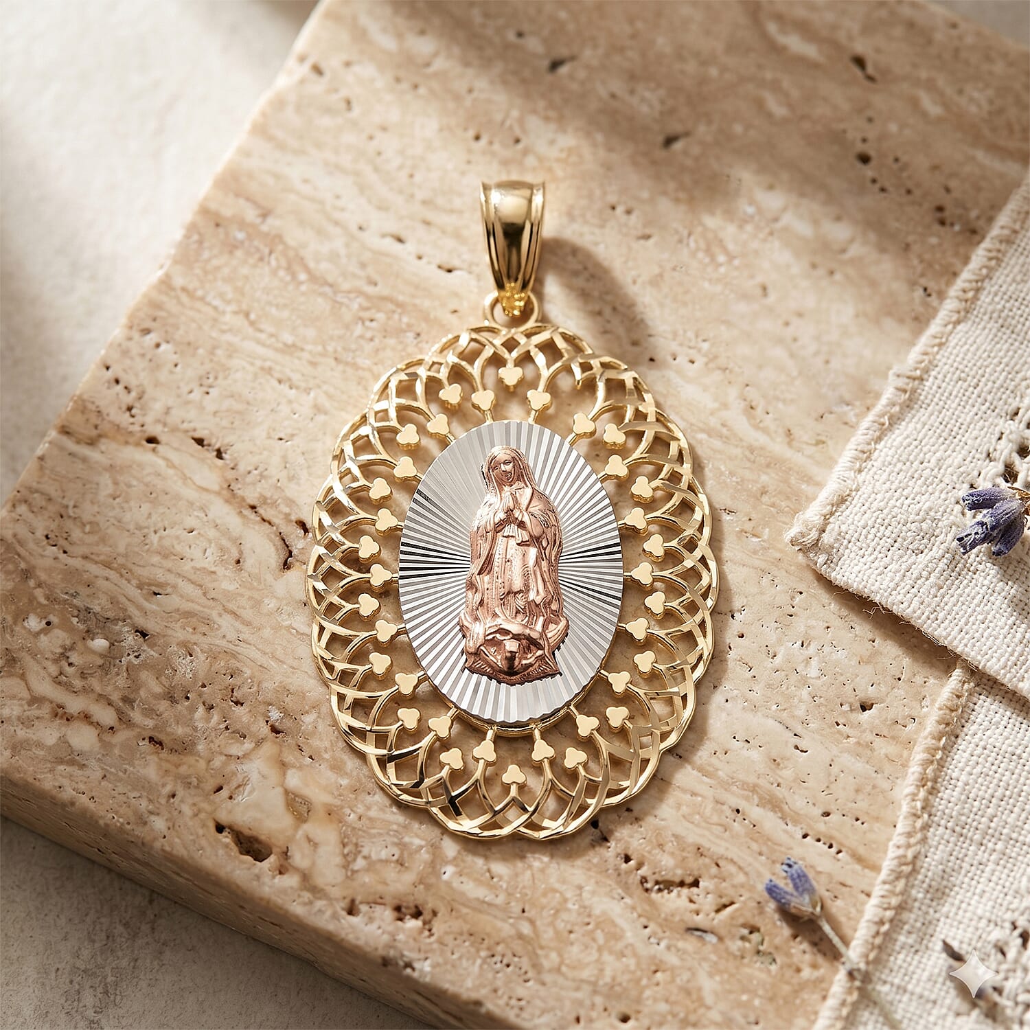 10K Yellow Gold Diamond-Cut Our Lady of Guadalupe Madallion Pendant without Chain 1.7 Grams