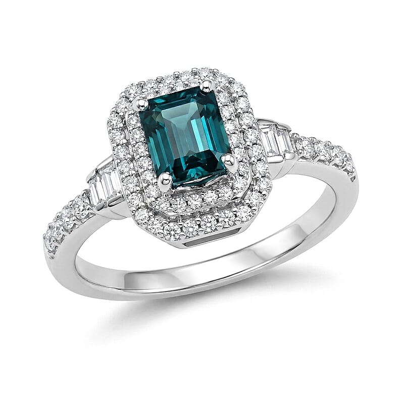 D'Joy Premium Monte Belo Indicolite and Moissanite 1.35 ctw Regal Heritage Architecture Ring in Rhodium Over Sterling Silver (Size 10.0)