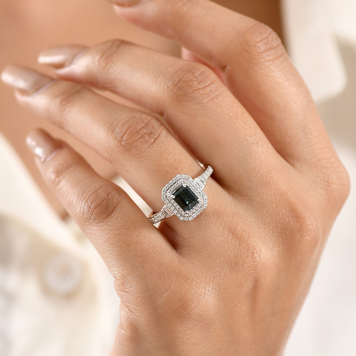 D'Joy Premium Monte Belo Indicolite and Moissanite 1.35 ctw Regal Heritage Architecture Ring in Rhodium Over Sterling Silver (Size 10.0)