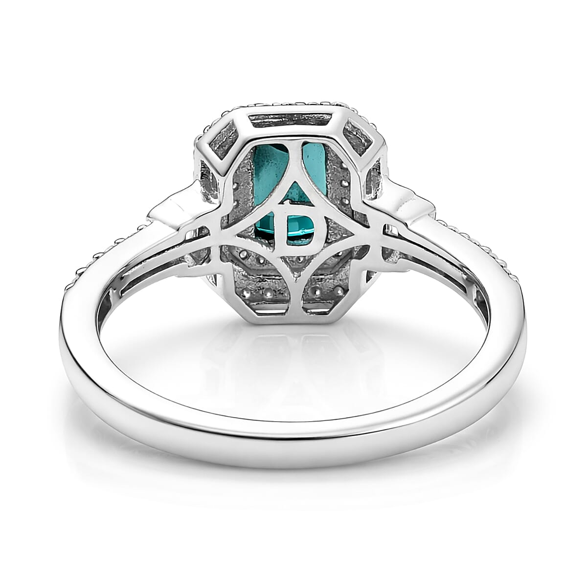 D'Joy Premium Monte Belo Indicolite and Moissanite 1.35 ctw Regal Heritage Architecture Ring in Rhodium Over Sterling Silver (Size 10.0) image number 4