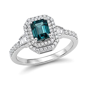 D'Joy Premium Monte Belo Indicolite and Moissanite 1.35 ctw Regal Heritage Architecture Ring in Rhodium Over Sterling Silver (Size 6.0)