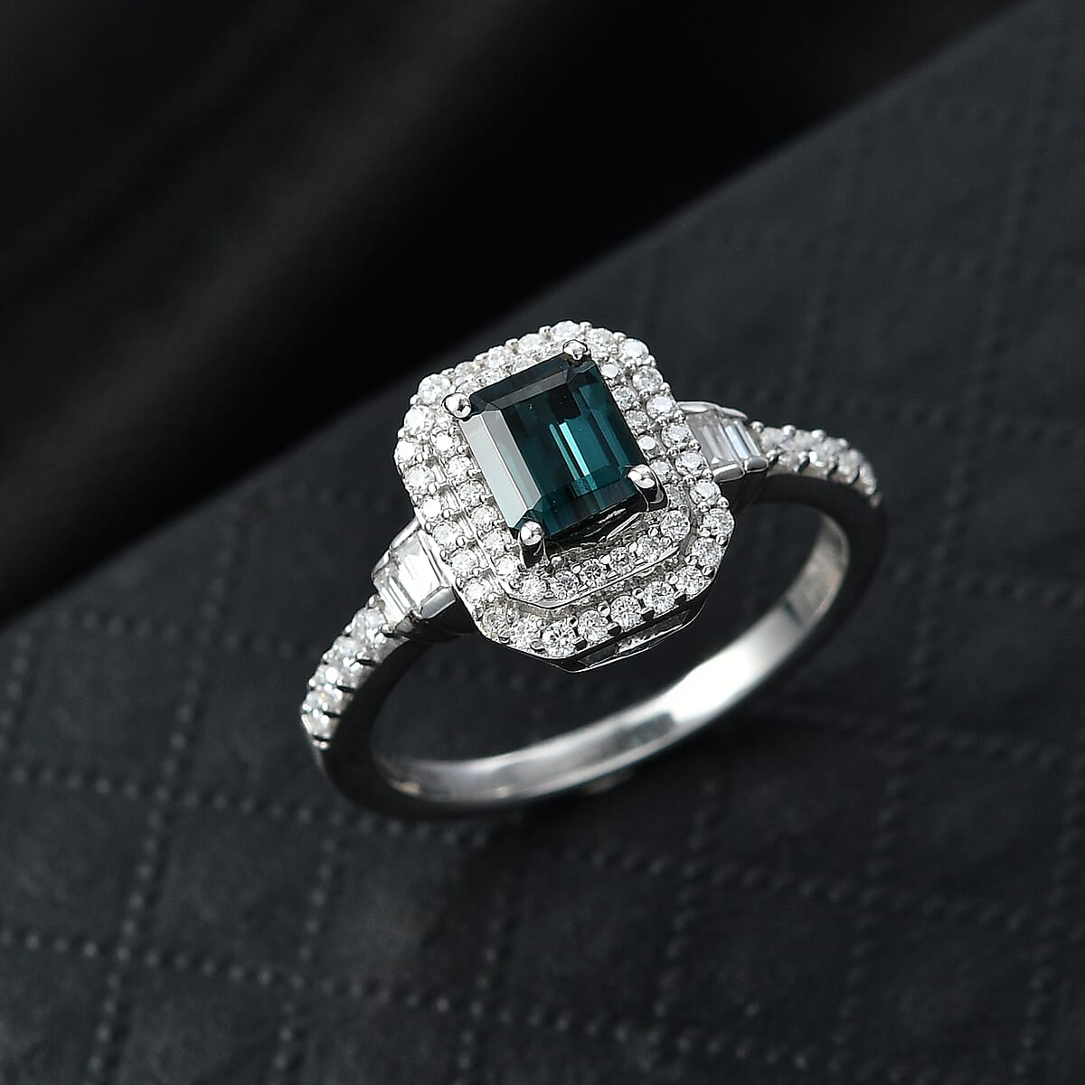 D'Joy Premium Monte Belo Indicolite and Moissanite 1.35 ctw Regal Heritage Architecture Ring in Rhodium Over Sterling Silver (Size 8.0) image number 1