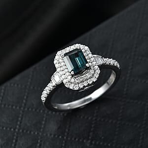 D'Joy Premium Monte Belo Indicolite and Moissanite 1.35 ctw Regal Heritage Architecture Ring in Rhodium Over Sterling Silver (Size 9.0)