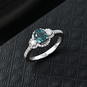 D'Joy Premium Monte Belo Indicolite and Moissanite 1.40 ctw Trinity Halo Ring in Rhodium Over Sterling Silver (Size 7.0)