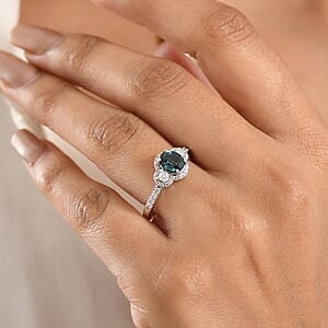 D'Joy Premium Monte Belo Indicolite and Moissanite 1.40 ctw Trinity Halo Ring in Rhodium Over Sterling Silver (Size 7.0)