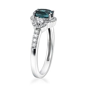 D'Joy Premium Monte Belo Indicolite and Moissanite 1.40 ctw Trinity Halo Ring in Rhodium Over Sterling Silver (Size 7.0)