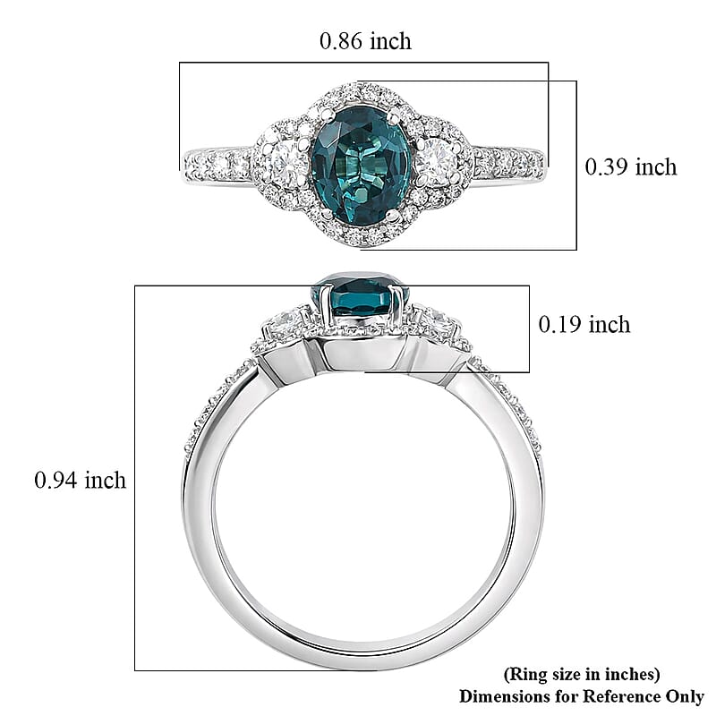 D'Joy Premium Monte Belo Indicolite and Moissanite 1.40 ctw Trinity Halo Ring in Rhodium Over Sterling Silver (Size 7.0)
