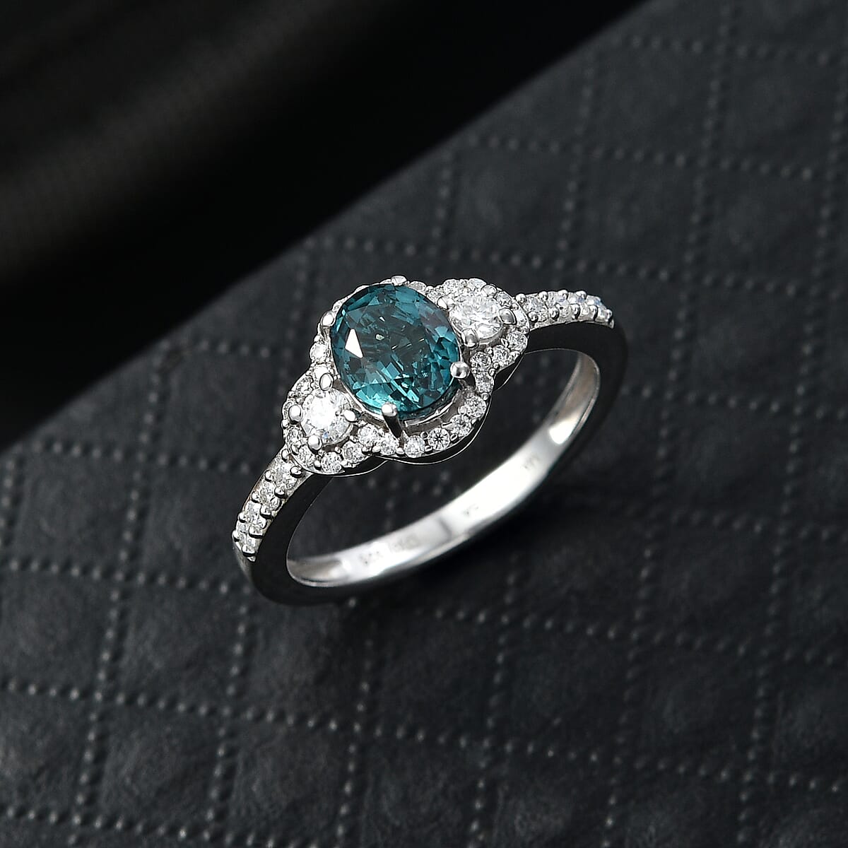 D'Joy Premium Monte Belo Indicolite and Moissanite 1.40 ctw Trinity Halo Ring in Rhodium Over Sterling Silver (Size 8.0) image number 1