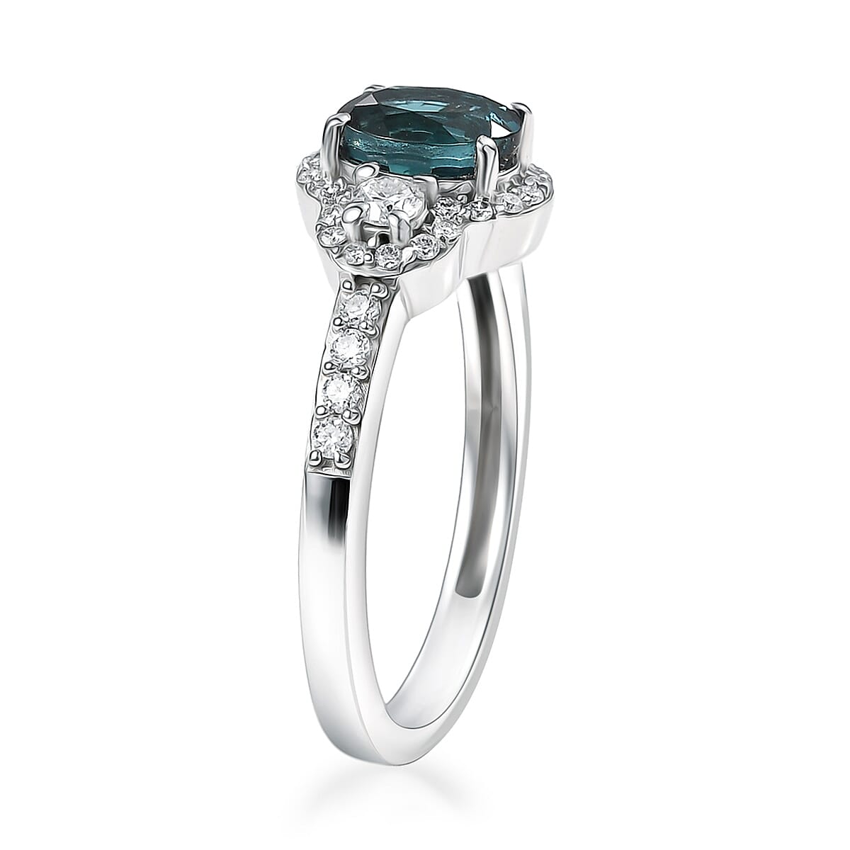D'Joy Premium Monte Belo Indicolite and Moissanite 1.40 ctw Trinity Halo Ring in Rhodium Over Sterling Silver (Size 8.0)
