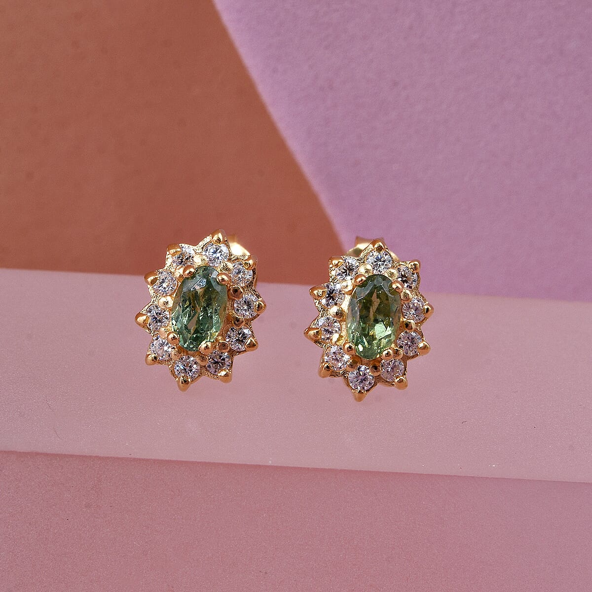 D'Joy Premium Ambanja Demantoid Garnet and Moissanite 0.80 ctw Verdant Fire Stud Earrings in 18K Vermeil Yellow Gold Over Sterling Silver image number 1