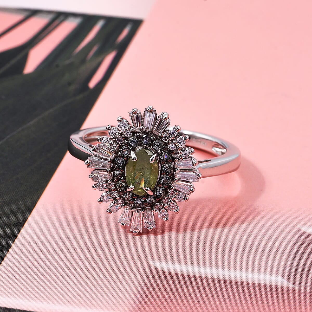 D'Joy Premium Ambanja Demantoid Garnet and Multi Gemstone 1.30 ctw Woodland Spark Halo Ring in Rhodium Over Sterling Silver (Size 10.0) image number 1