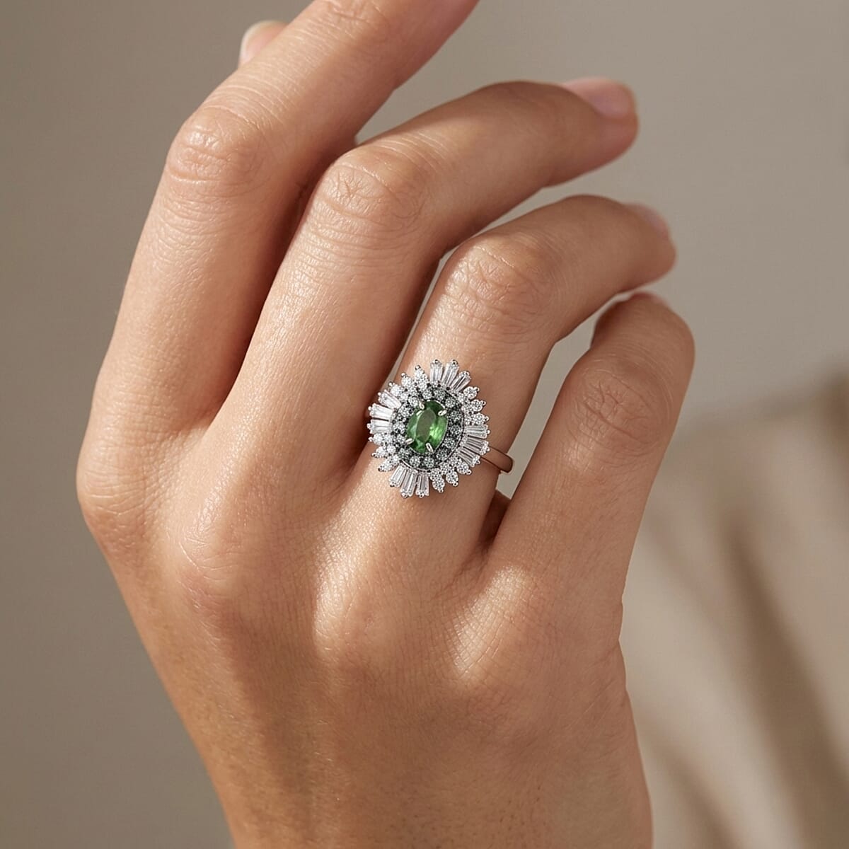 D'Joy Premium Ambanja Demantoid Garnet and Multi Gemstone 1.30 ctw Woodland Spark Halo Ring in Rhodium Over Sterling Silver (Size 10.0) image number 2