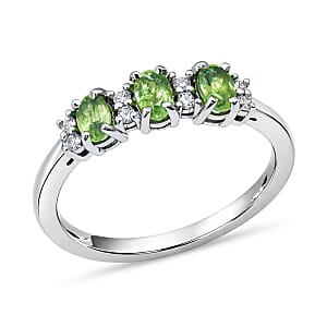 D'Joy Premium Ambanja Demantoid Garnet and Moissanite 1.00 ctw Greenfire Trinity Ring in Rhodium Over Sterling Silver (Size 10.0)