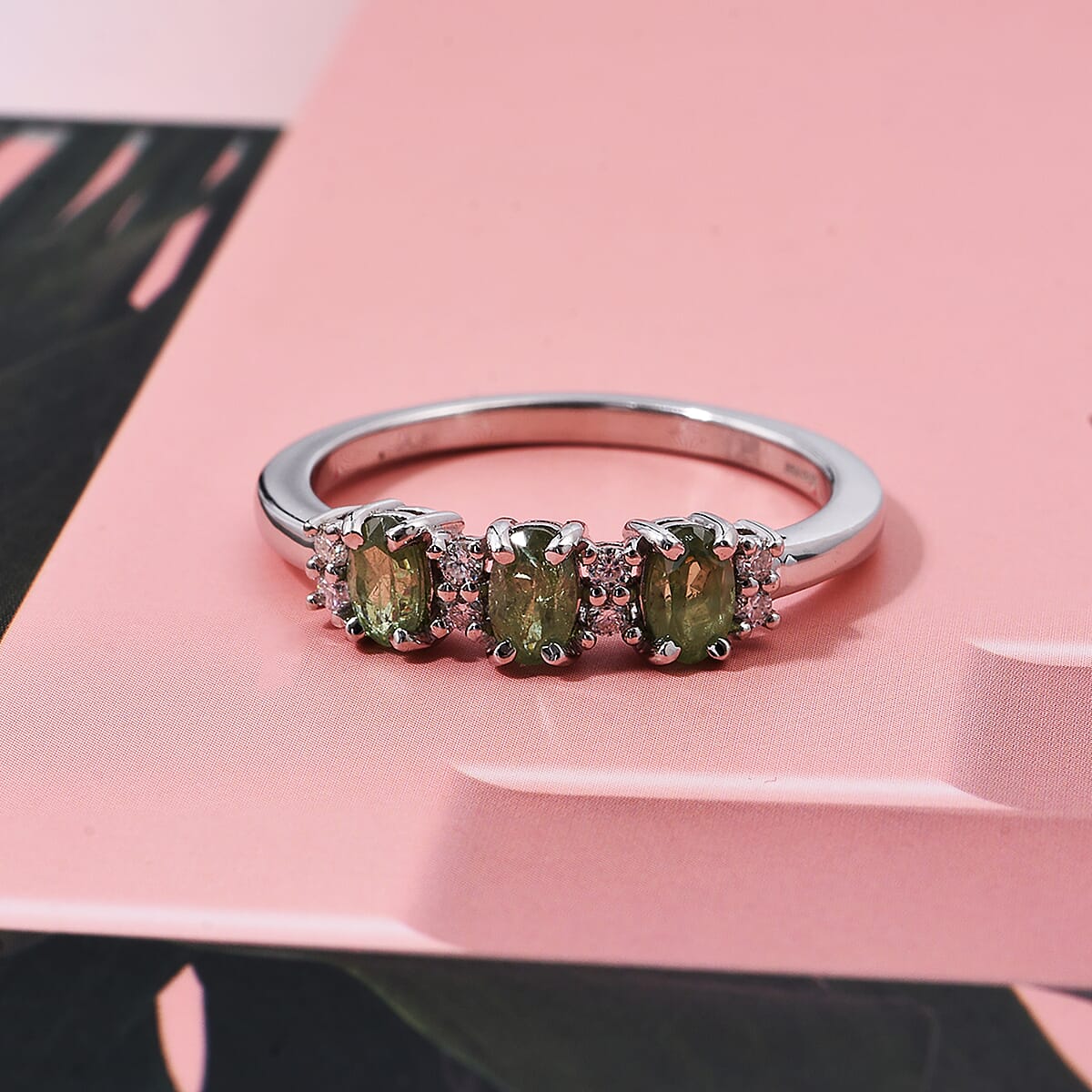 D'Joy Premium Ambanja Demantoid Garnet and Moissanite 1.00 ctw Greenfire Trinity Ring in Rhodium Over Sterling Silver (Size 10.0) image number 1