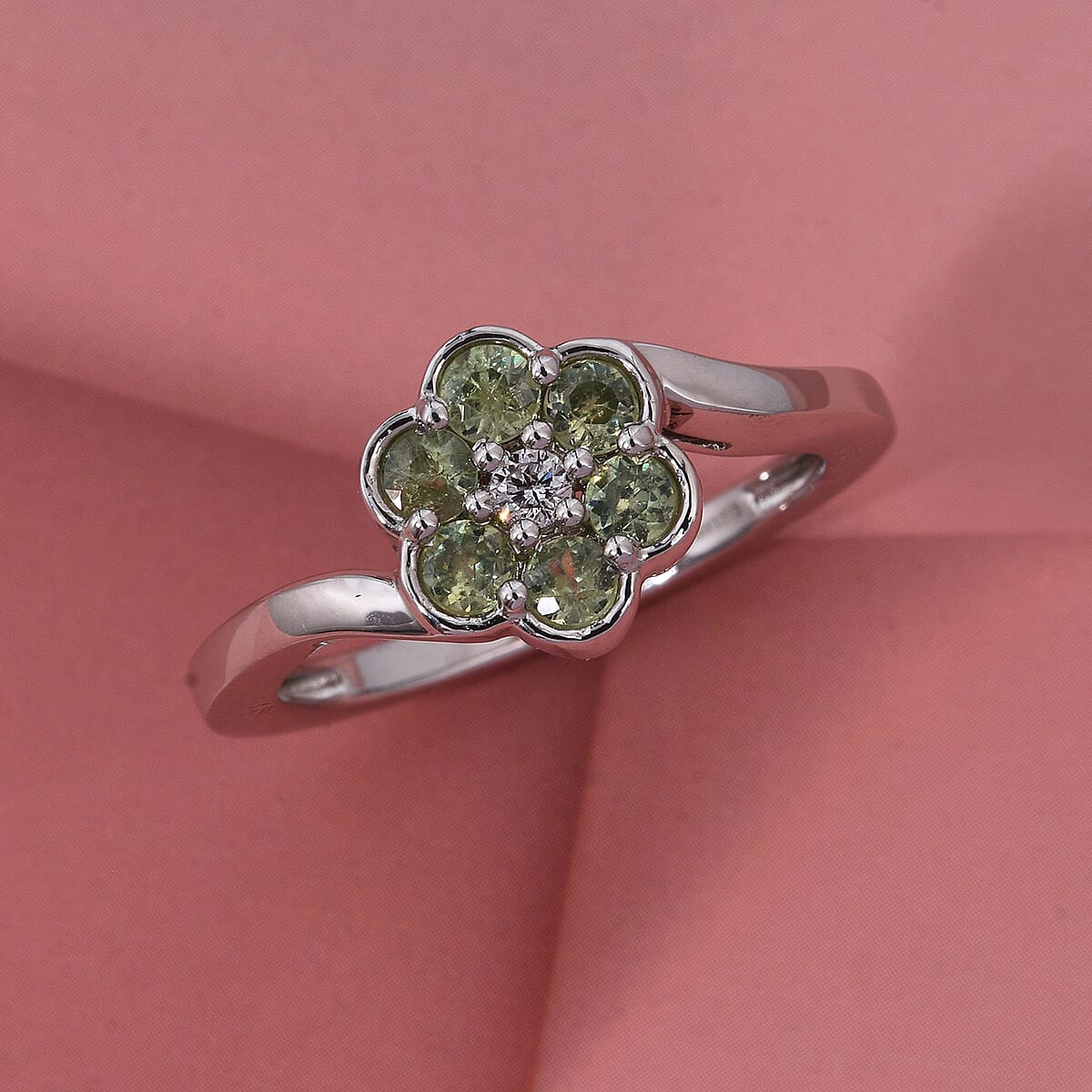 Ambanja Demantoid Garnet and Luxuriant Lab Grown Diamond G-H SI 0.85 ctw Natures Bloom Ring in Rhodium Over Sterling Silver (Size 10.0) image number 1