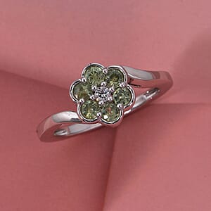 Ambanja Demantoid Garnet and Luxuriant Lab Grown Diamond G-H SI 0.85 ctw Natures Bloom Ring in Rhodium Over Sterling Silver (Size 10.0)