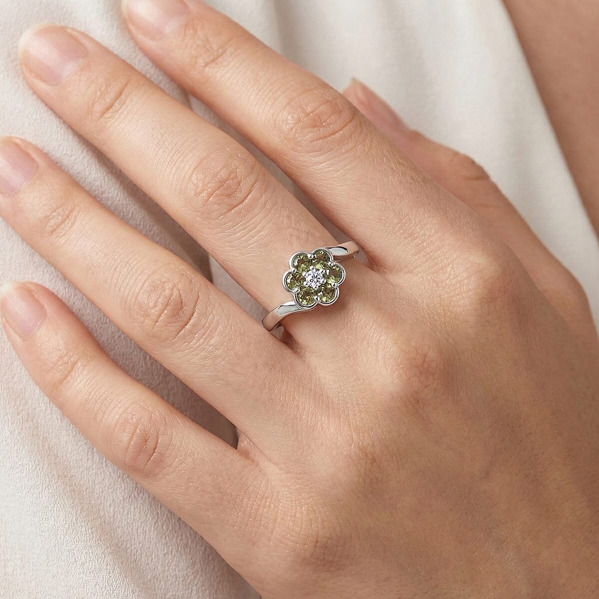 Ambanja Demantoid Garnet and Luxuriant Lab Grown Diamond G-H SI 0.85 ctw Natures Bloom Ring in Rhodium Over Sterling Silver (Size 5.0) image number 2
