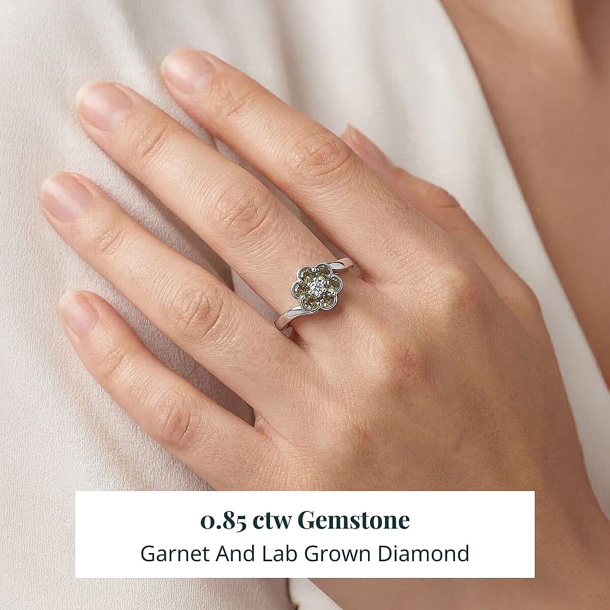 Ambanja Demantoid Garnet and Luxuriant Lab Grown Diamond G-H SI 0.85 ctw Natures Bloom Ring in Rhodium Over Sterling Silver (Size 6.0) image number 1