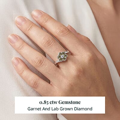 Ambanja Demantoid Garnet and Luxuriant Lab Grown Diamond G-H SI 0.85 ctw Natures Bloom Ring in Rhodium Over Sterling Silver (Size 6.0)