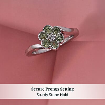 Ambanja Demantoid Garnet and Luxuriant Lab Grown Diamond G-H SI 0.85 ctw Natures Bloom Ring in Rhodium Over Sterling Silver (Size 6.0)