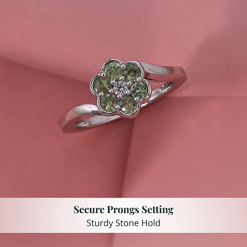 Ambanja Demantoid Garnet and Luxuriant Lab Grown Diamond G-H SI 0.85 ctw Natures Bloom Ring in Rhodium Over Sterling Silver (Size 6.0)