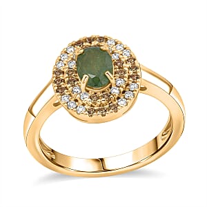 D'Joy Premium Ambanja Demantoid Garnet and Multi Gemstone 1.50 ctw Evergreen Flame Halo Ring in 18K Vermeil Yellow Gold Over Sterling Silver (Size 10.0)