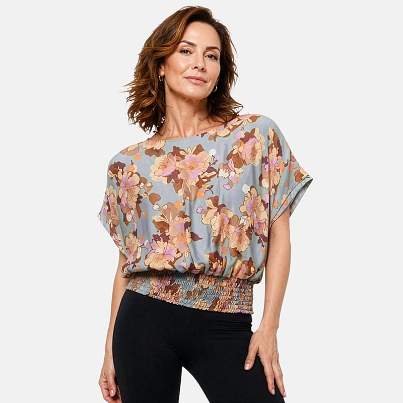 La Marey Blue Multi Pattern Smocked Blouson Top - One Size Missy